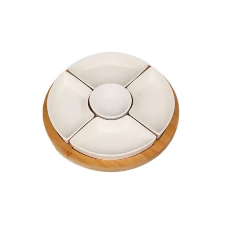 Set servire 6 piese, tavita bambus, boluri detasabile, 26.8x26.8x1.2cm, 4.5x15x15cm