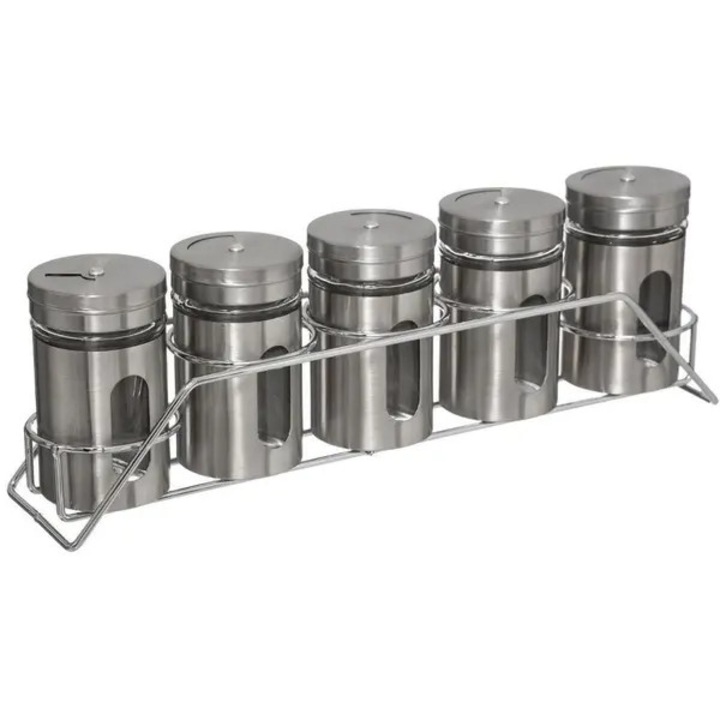 Suport condimente, 5 recipiente, sticla si otel inoxidabil, gri, 28.5x6.3x9cm