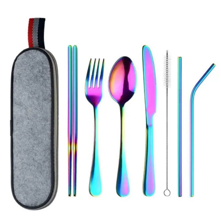 Set tacamuri de calatorie, 8 piese, inox, multicolor, 23cm, cu husa zip