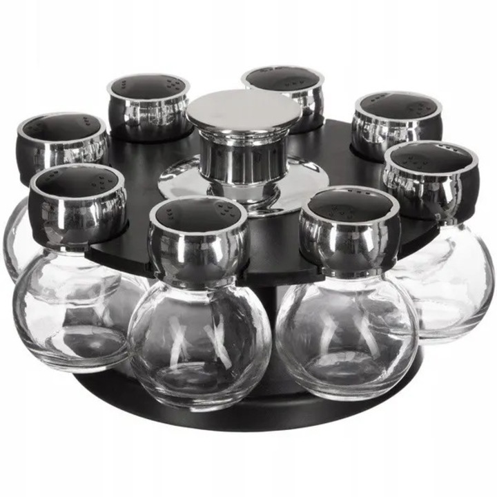 Set 8 borcane condimente sticla capac negru, suport rotativ bambus 43x10x10cm