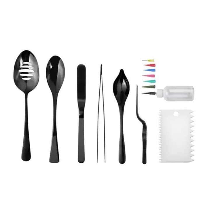 Set ustensile prezentare multicolor 28x22.5x5cm, inox, piele ecologica, 10 piese