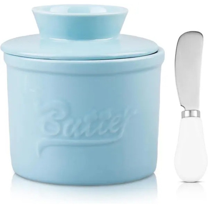 Recipient unt ceramic cu capac, albastru-verzui, 150ml, design elegant