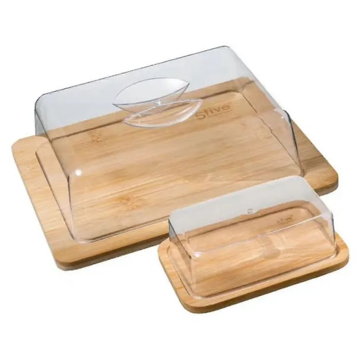 Set 2 cupe pentru branza cu tavita bambus, transparent, 19x12.5x6cm si 24x18.5x7.5cm