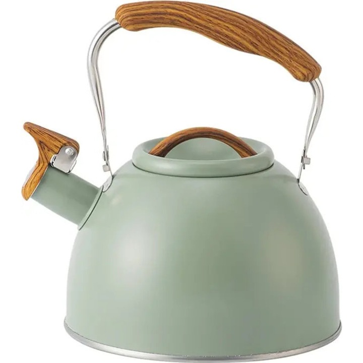 Ceainic cu fluier, 3L, inox, maner lemn, verde, 23.5x20cm