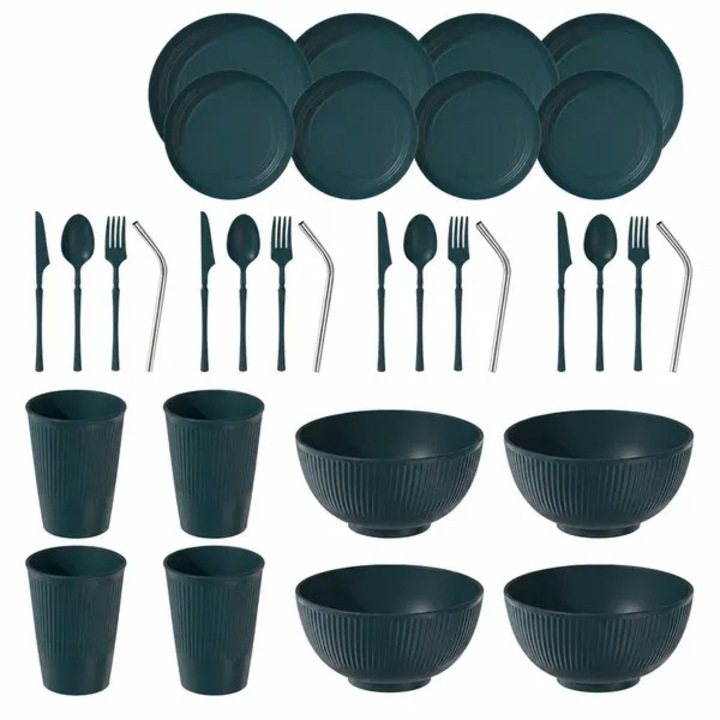 Set vesela 32 piese, paie de grau, verde inchis, model vertical, farfurii boluri cani tacamuri