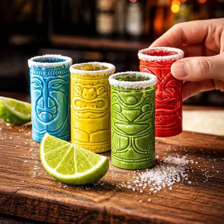 Set pahare shot ceramic Tiki multicolor 3.5x3.5x7cm