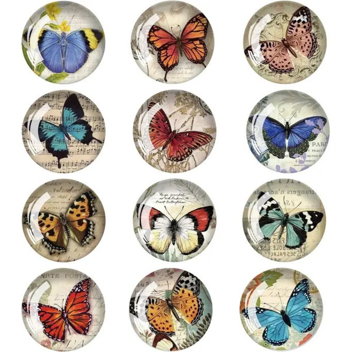 Set 12 magneti frigider fluture vintage multicolor 3x3x0.8cm