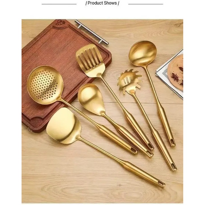 Set ustensile bucatarie 7 piese, otel inoxidabil auriu, suport, multifunctional, 360°