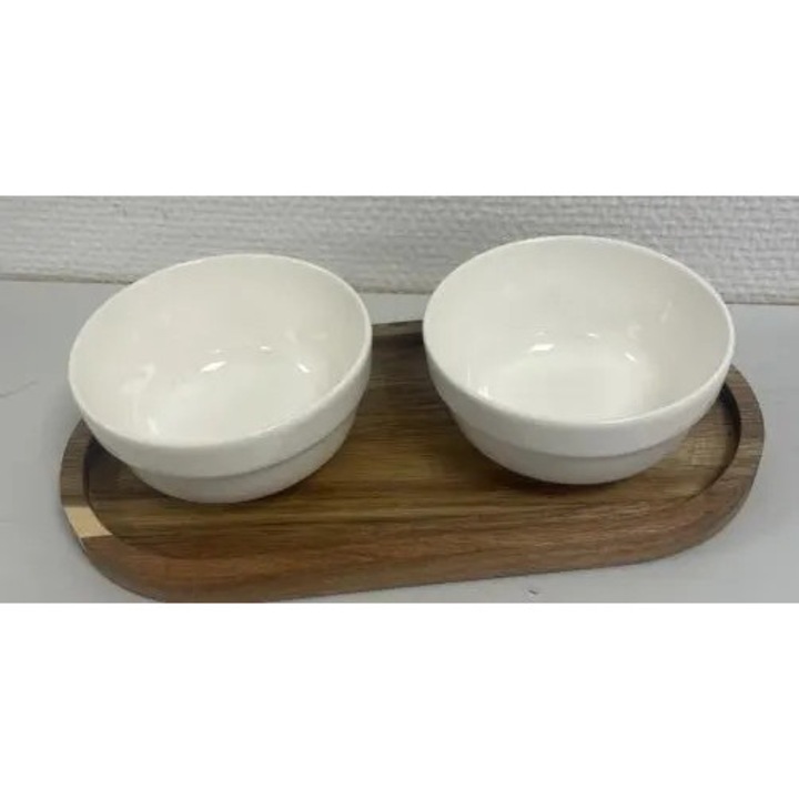 Set pentru servire cu tava din acacia si doua boluri ceramice albe 10x6cm
