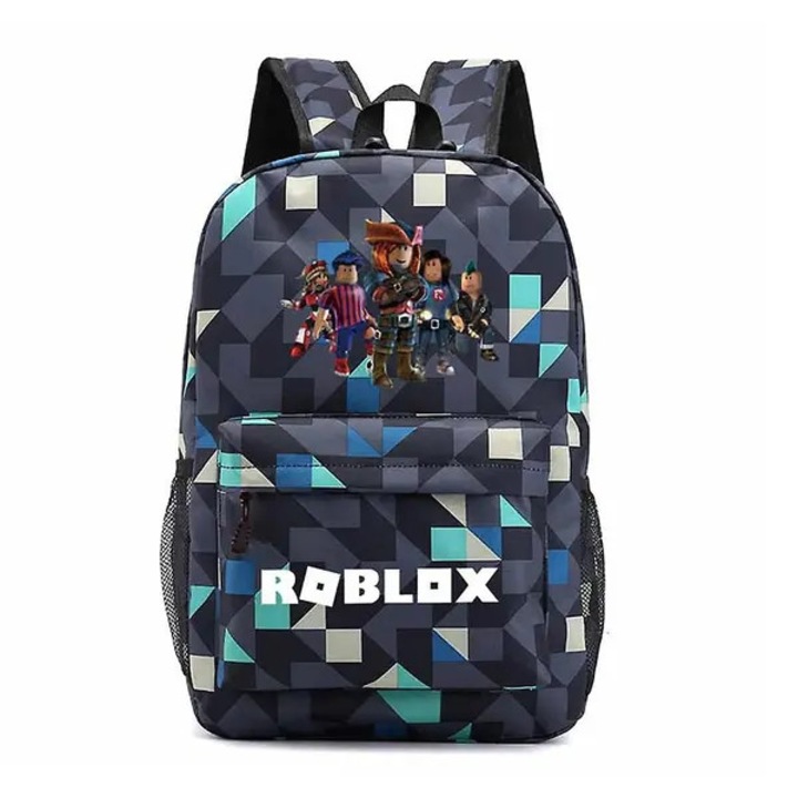 Rucsac pentru laptop din canvas, imprimat Roblox cu model geometric, rezistent la apa, buzunare laterale plasa, 45 x 18 x 31 cm, gri inchis/turcoaz