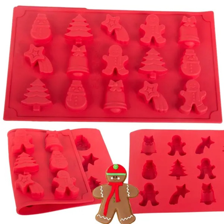 Set 6 forme silicon pentru prajituri Craciun rosu 29x17cm