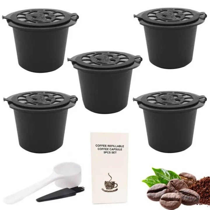 Capsule cafea reutilizabile, set 5 buc, negru, 29x37x23.7mm, cu lingurita si perie de curatare