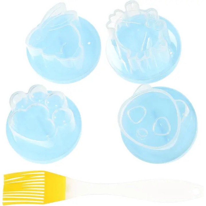 Set ustensile bucatarie, 4 forme oua, pensula silicon, albastru, mic