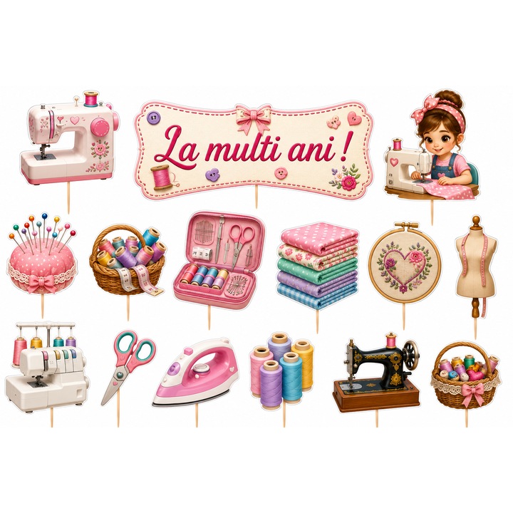 Set toppere tort CUSUT SI BRODAT V1, DecoParty, 15 figurine, carton, suporti din lemn inclusi