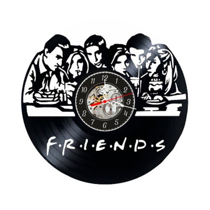 Ceas de perete decorativ realizat din disc de vinil, Model Serialul Friends, Siluete Personaje la Cafenea, Text F.R.I.E.N.D.S, Negru Premium, 30 cm