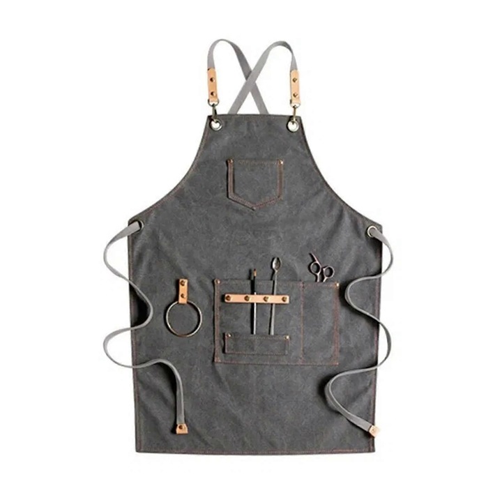 Sort bucatar unisex, bumbac, reglabil, buzunare multiple, albastru, 80x60cm