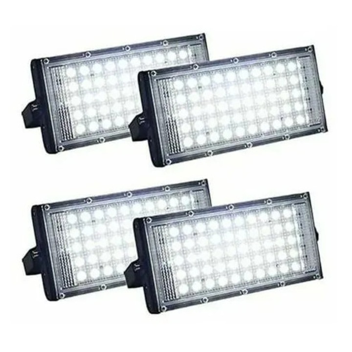 Set 4 spoturi LED, 50W, 5000lm, alb rece, 21x11x2.5cm, aluminiu, IP66