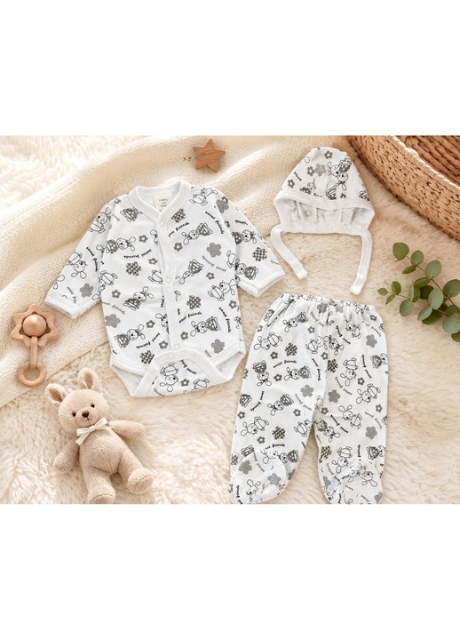 Set pentru nou-nascuti, 3 piese, model cu Iepurasi Jucausi 50 CM