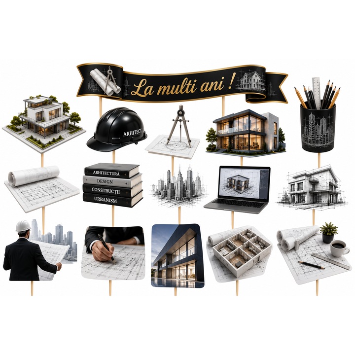 Set toppere tort ARHITECT, DecoParty, 16 figurine, carton, suporti din lemn inclusi