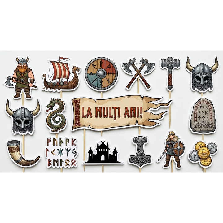 Set toppere tort VIKINGI V2, 16 figurine, carton, suporti din lemn inclusi