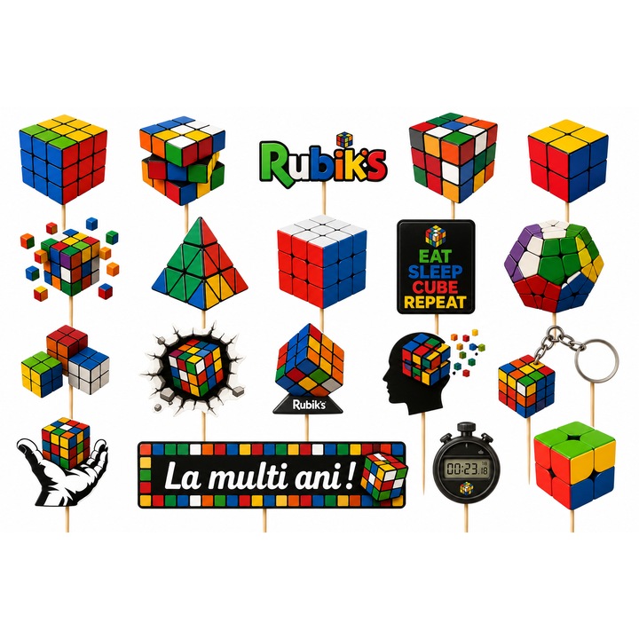 Set toppere tort CUB RUBIK, 19 figurine, carton, suporti din lemn inclusi