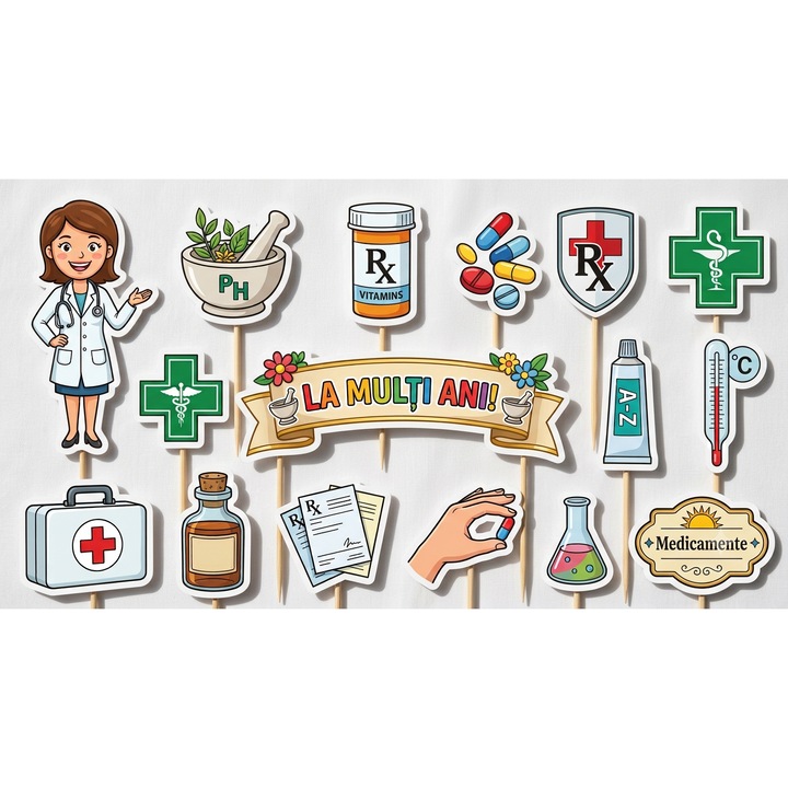 Set toppere tort MESERIE - FARMACISTA V2, 16 figurine, carton, suporti din lemn inclusi