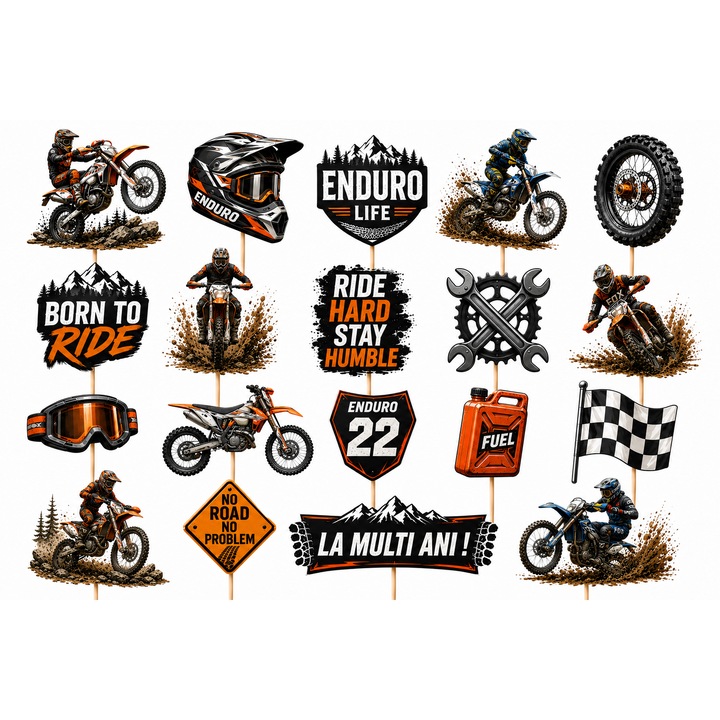 Set toppere tort MOTOCICLETE / ENDURO, 19 figurine, carton, suporti din lemn inclusi