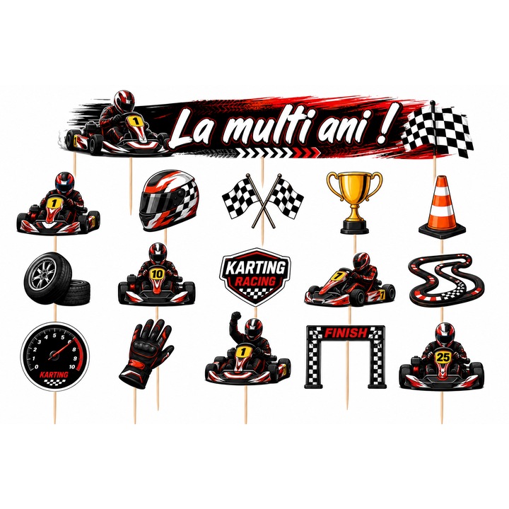 Set toppere tort KARTING, 16 figurine, carton, suporti din lemn inclusi