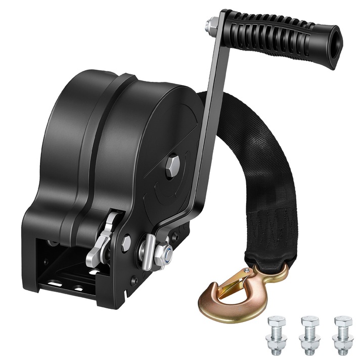 Troliu manual barca, Vinci de mana 726 kg, Curea poliester 6, 1 m, Clichet bidirectional, 2 viteze, Maner antiderapant, Pentru remorca barca ATV, Portocaliu