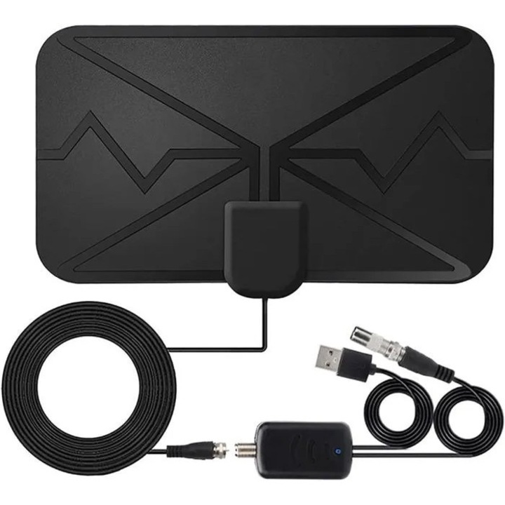Antena TV interior, amplificator semnal, 4K Full HD, 21x12x0.07cm, negru