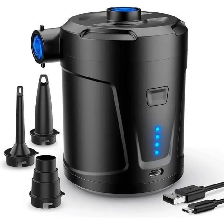 Mini elektromos légpumpa, 4 fúvóka, hordozható, 5200mAh, 400L/perc