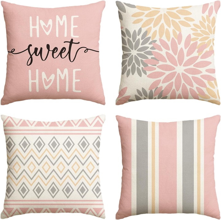Set 4 huse perne decorative, 45x45cm, roz, model dalii