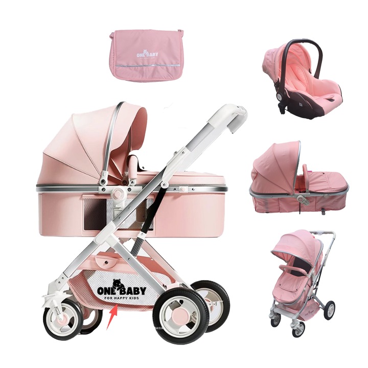 Carucior pentru copii 3 in 1 ONEBABY, Roz, Cu suspensii, Geanta bebe, Landou reversibil, Scaun auto, Salteluta moale, Varsta 0 - 36 luni