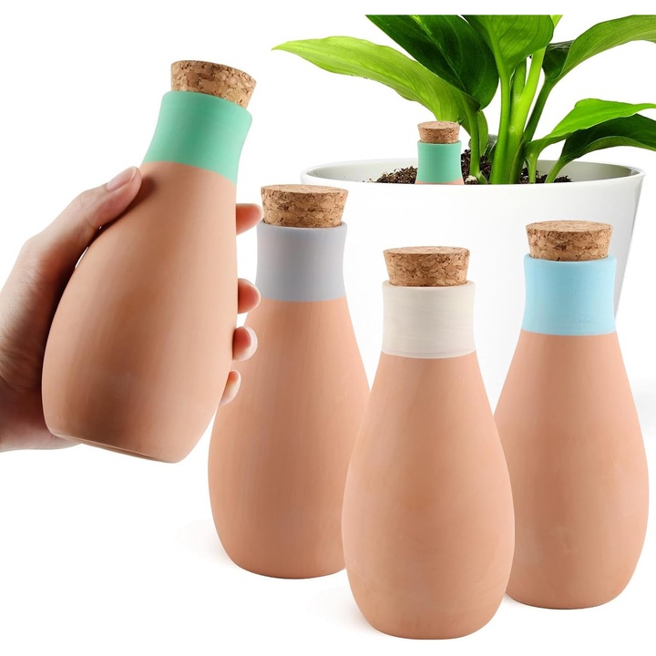 Set 4 irigatoare auto din teracota, 400ml, multicolor, pentru plante de interior si balcon