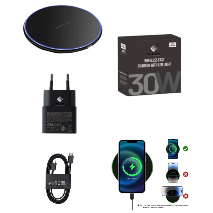 3 db-os szett, Szupergyors 30W-os vezeték nélküli töltő, QI Pad, 25W-os PD USB-C adapter, C-C adatkábel, kompatibilis Samsung S25, S24, S23, S22, S20 modellekkel, QUANDES®