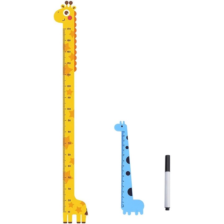 Autocolant perete masurare inaltime girafa, set cu rigla si pix, multicolor, 10-170cm