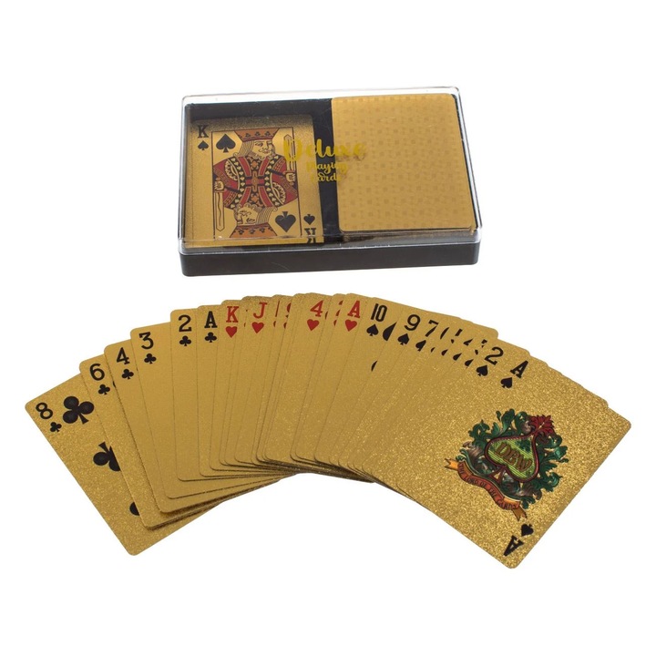 Игрови комплект от 2 колоди карти Gold Deluxe, Картон, 14x3x10.5 см, Многоцветен