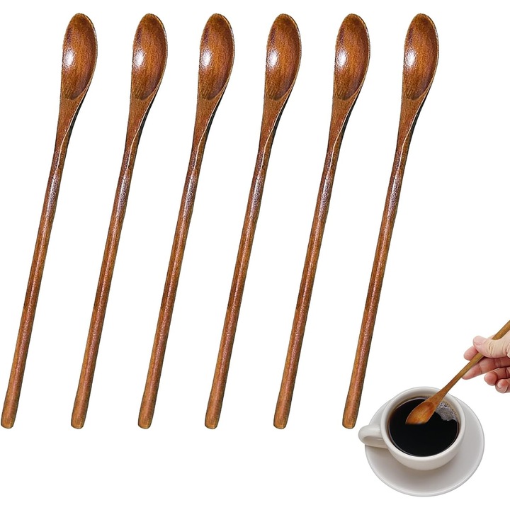Set 6 linguri lungi din lemn natural pentru miere cafea ceai 20x2cm