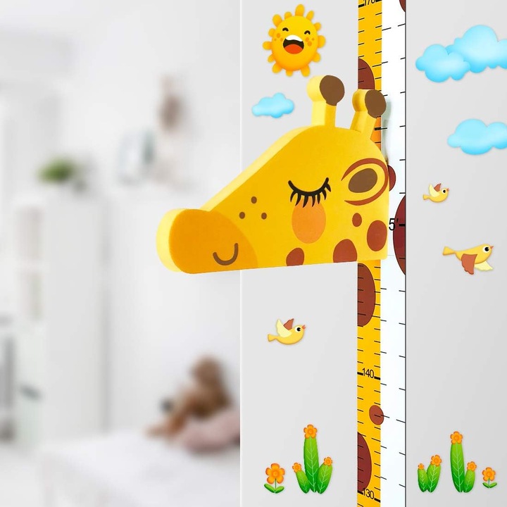 Rigla de crestere girafa copii, 3D, ajustabila, multicolor, 60x180cm