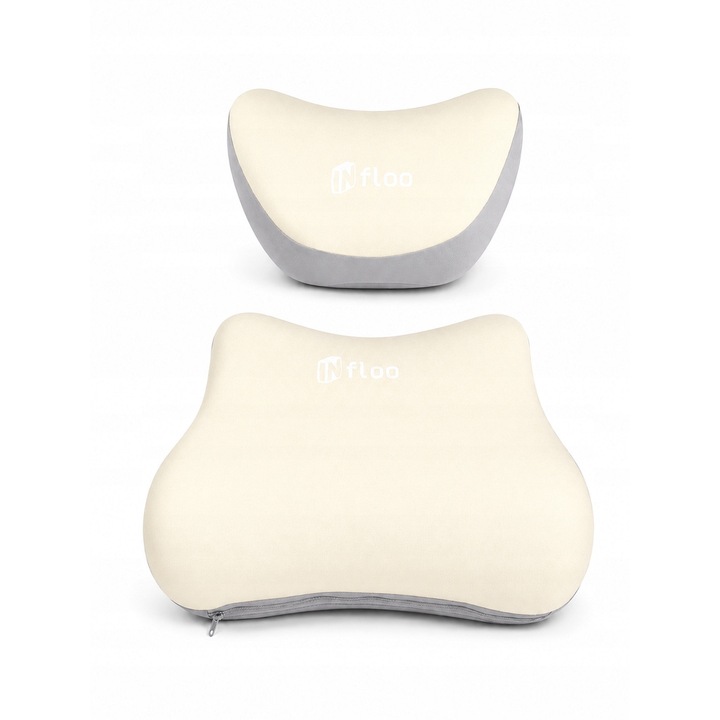 Set perne auto ergonomice pentru tetiera si suport lombar, Infloo, spuma cu memorie densa pentru confort ortopedic superior, elimina durerile de spate si gat la drum lung, husa respirabila, moale si usor de spalat, Bej/Gri