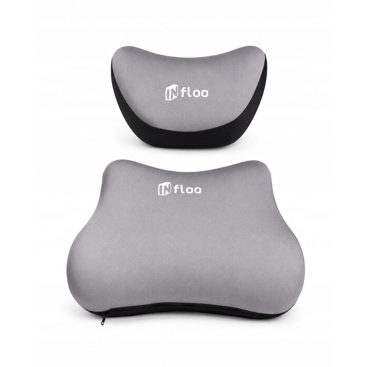 Set perne auto ergonomice pentru tetiera si suport lombar, Infloo, spuma cu memorie de inalta densitate, amelioreaza durerile de spate si gat, husa detasabila si respirabila pentru confort maxim in timpul condusului, Gri/Negru