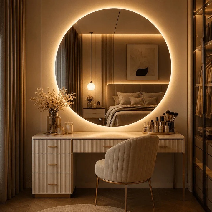 Premium Kerek LED Tükör 90×90 cm, Háttérvilágítás, 3 Fényfajta – Meleg, Hideg, Semleges
