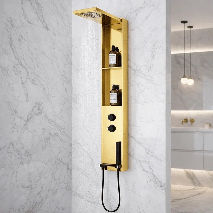 Premium Arany Dugó, Inox SUS304, 140×22 cm, Eső és Vízszintes Esés Hatás, Integrált Polcokkal