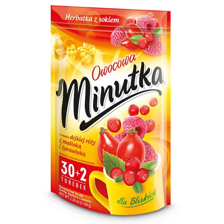 Gyümölcstea, MINUTKA, vadrozsás, málnás, 32 tasak, 64 g