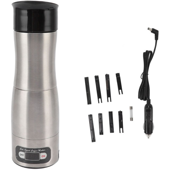 Cafetiera portabila auto, inox 304, 150ml, 12V/24V, 25x7,7cm