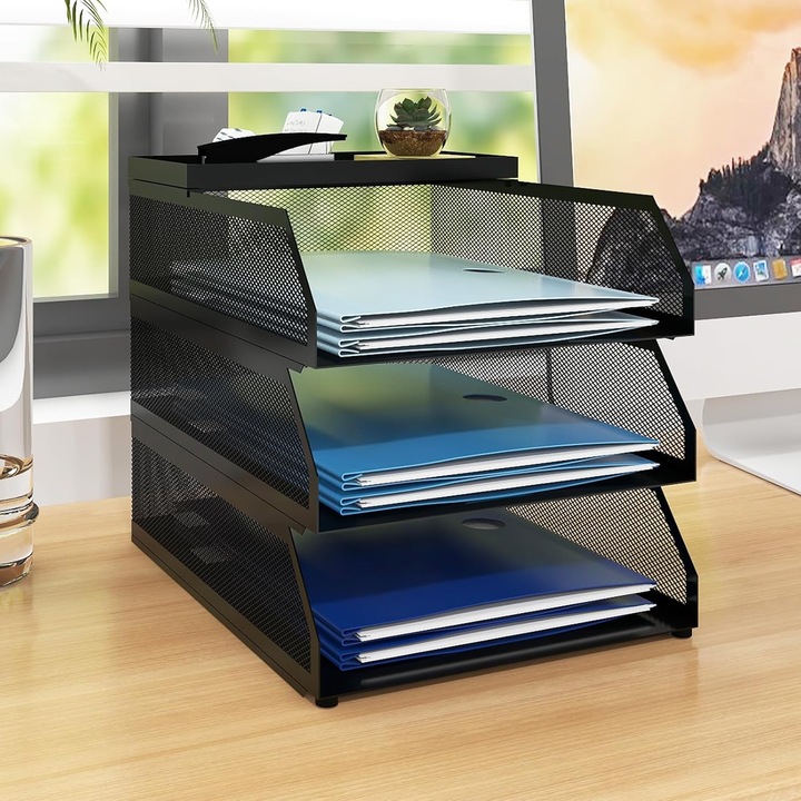 Organizator birou metalic 3 niveluri negru 34x27x10cm