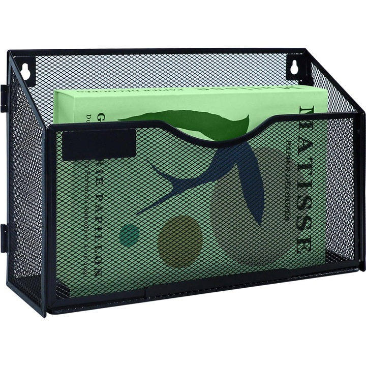 Suport documente perete, mesh metalic, negru, 34x9x22cm