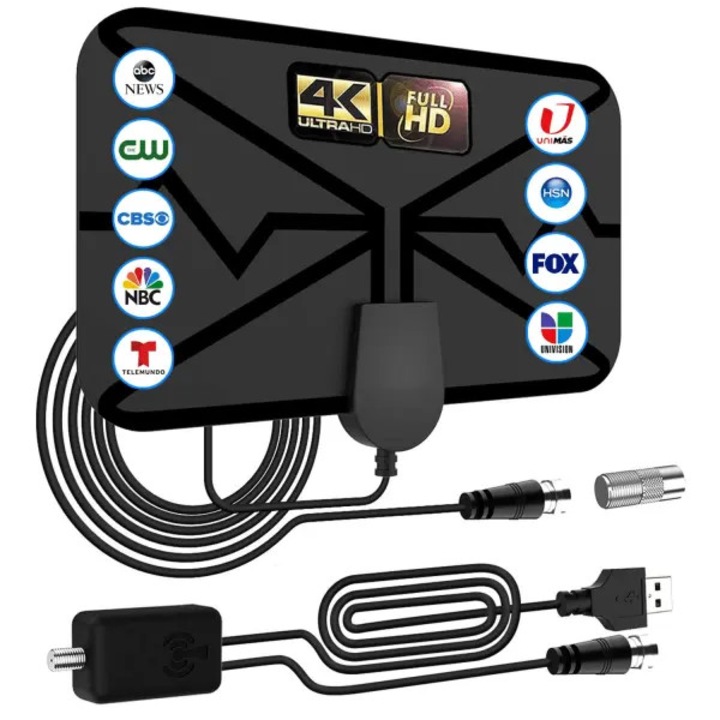 Antena TV digitala HD 4K 1080p, receptie 360°, amplificator semnal, cablu coaxial 5m