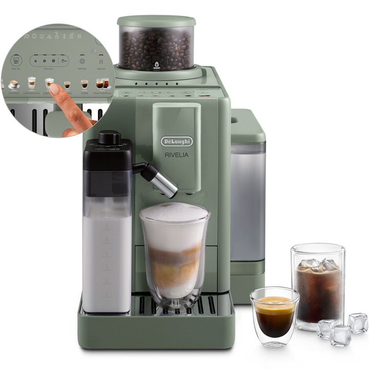 Espressor automat De’Longhi Rivelia Start EXAM420.55.GR, 10 bauturi, 2 recipiente pentru boabe, functie extra shot, carafa de lapte cu tehnologie LatteCrema, rasnita integrata cu 13 trepte, 1450W, 15 bari, Verde