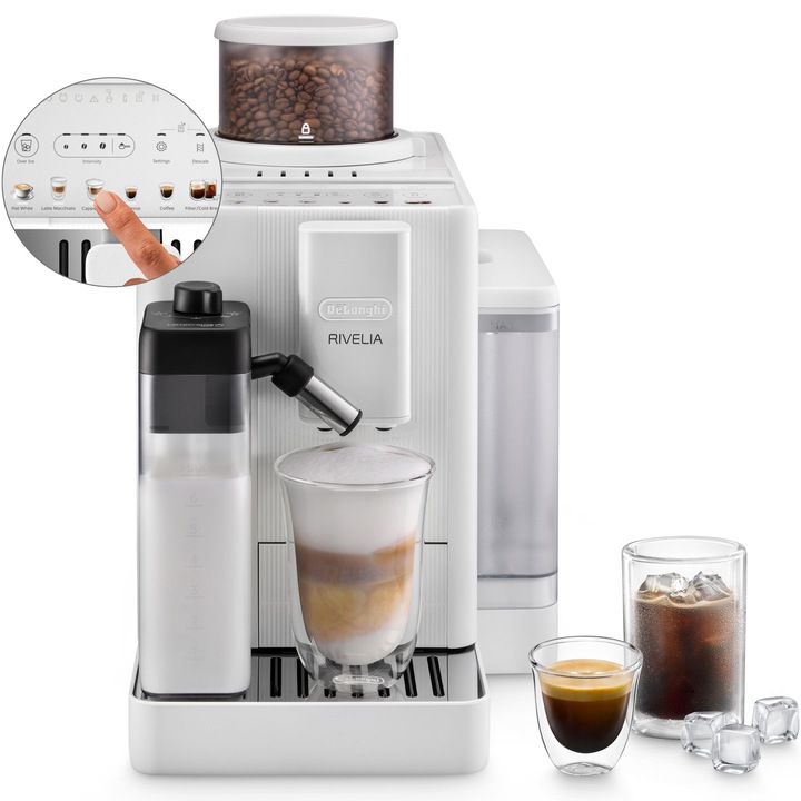 Espressor automat De’Longhi Rivelia Start EXAM420.55.WXL, 10 bauturi, 2 recipiente pentru boabe, functie extra shot, carafa de lapte cu tehnologie LatteCrema, rasnita integrata cu 13 trepte, 1450W, 15 bari, Alb